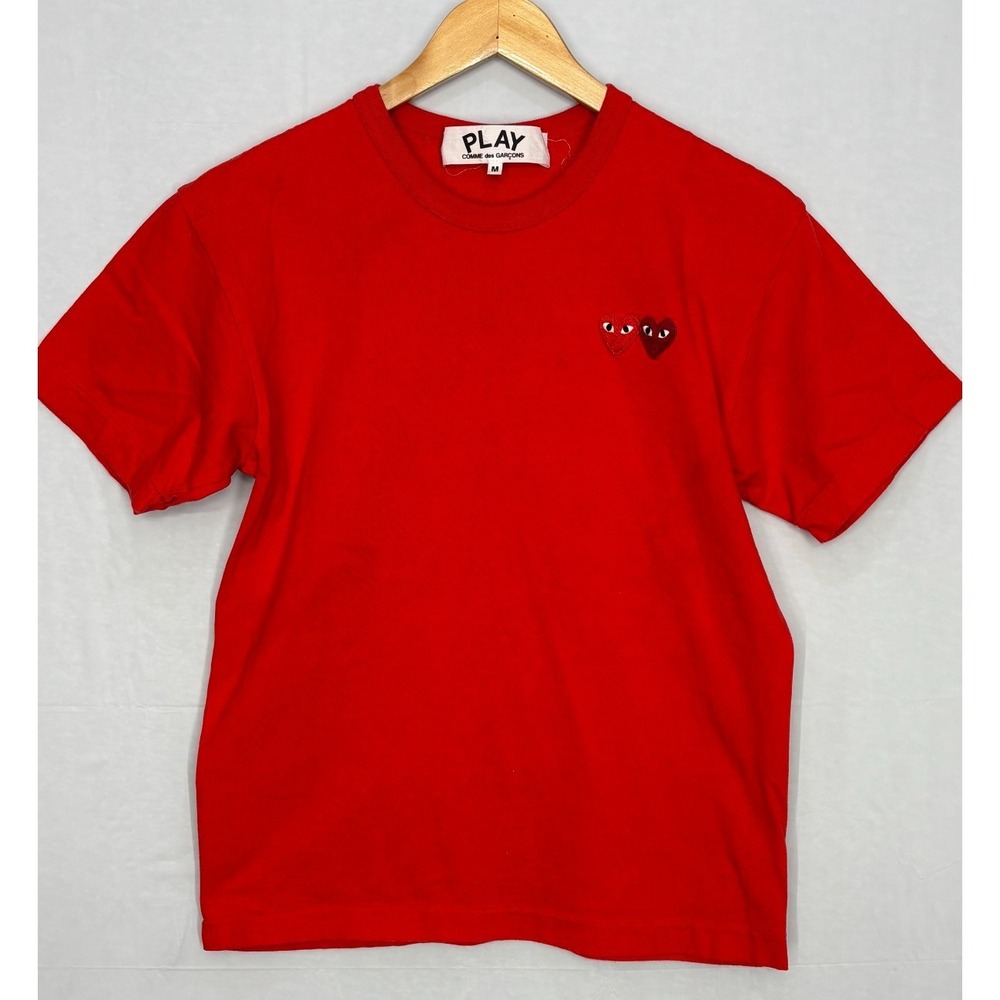Comme des Garçons Play T-Shirt Mens Red Double Heart Logo Short Sleeve Medium